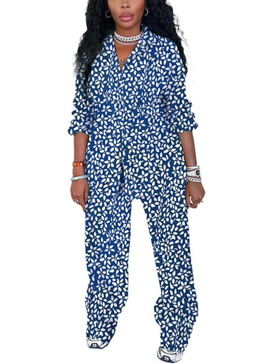 🆕Women's Blue Floral Casual 2 Piece Outfit Linen Long Sleeve Button Down Shirt - Picture 2 of 5